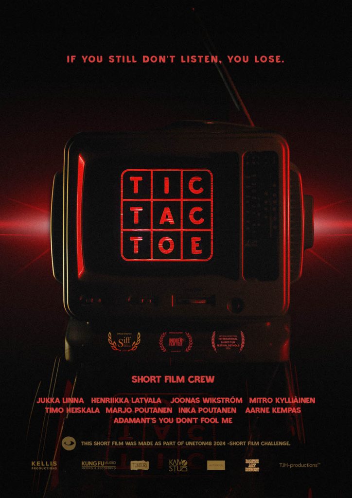 Tic-tac-toe -lyhytelokuvan posteri, jossa punasävyinen pikkutelevisio ja tekstilogo.